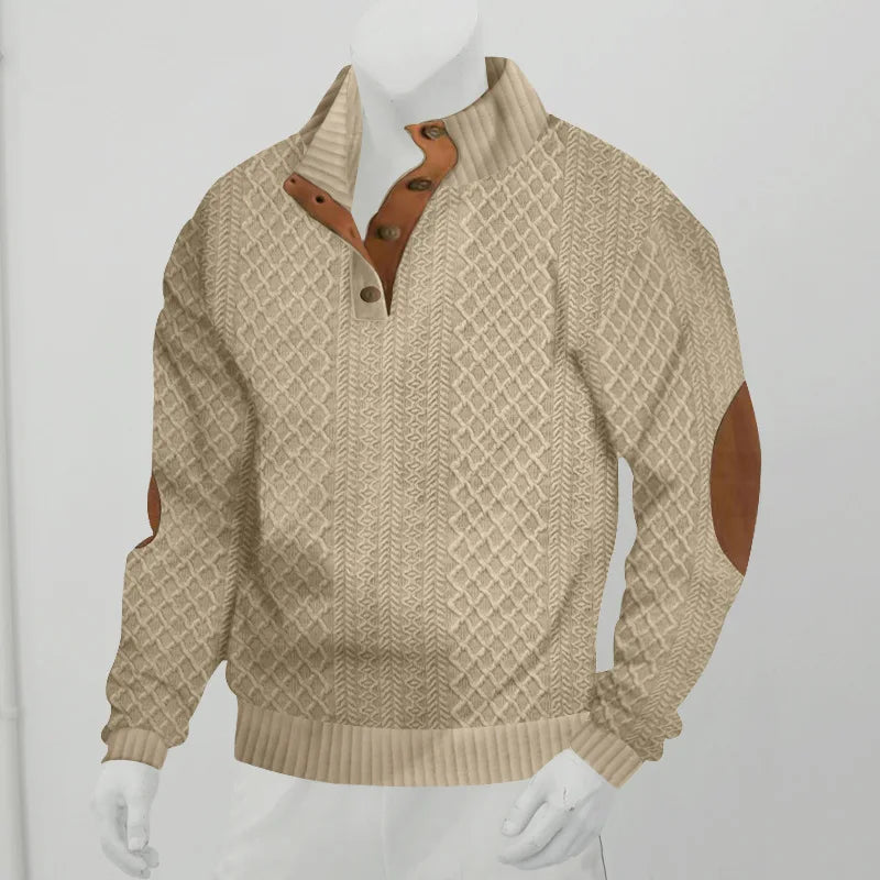 Men's Long-Sleeved Jacquard Knit Pullover Sweater with Stand-Up Collar