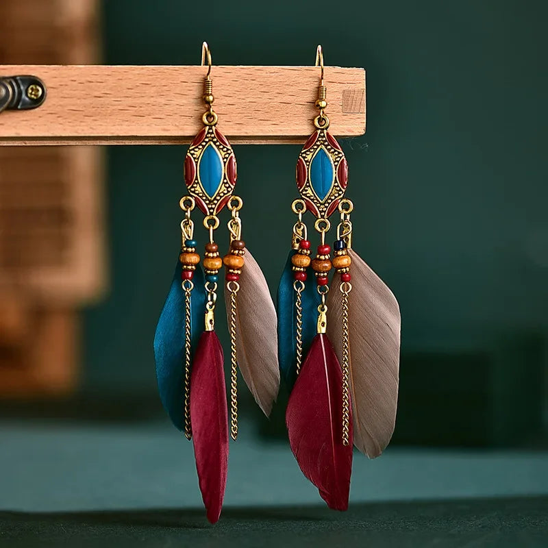Bead Feather Earrings with Stone Accents