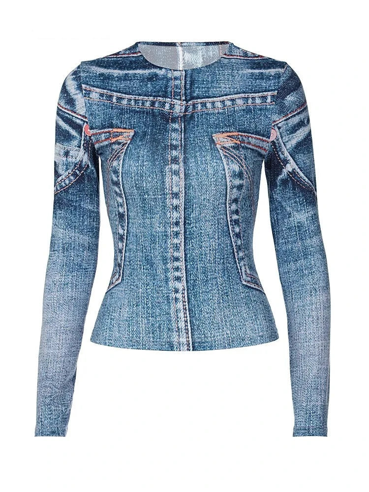 Long Sleeve Graphic Denim Style Top