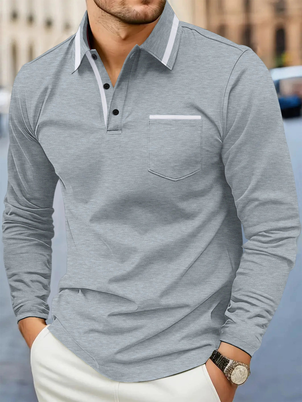 Men's Long Sleeve Shirt with Collar and Pocket Accents