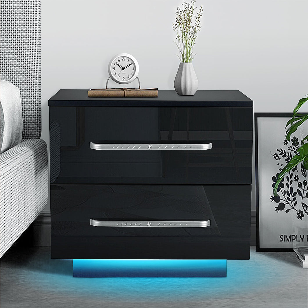 Modern LED Light Bedside Table w/2 Drawers and Handles